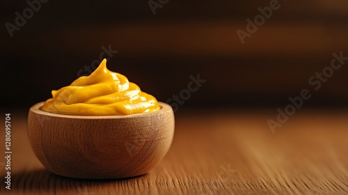 Wooden bowl with mustard on wooden table.