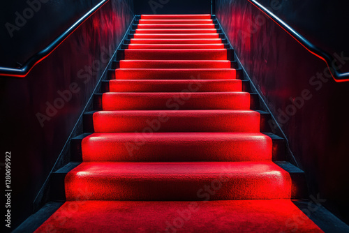 Red carpet on the stairs with dramatic lighting, luxury cinematic atmosphere