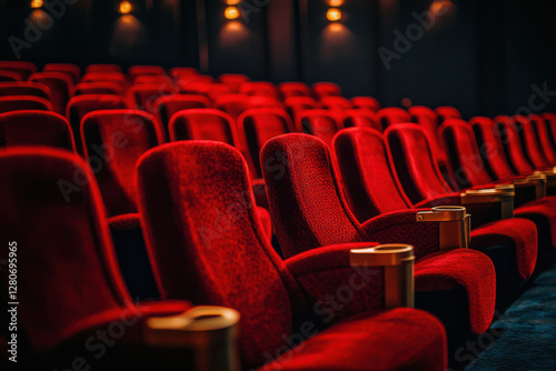 Red velvet cinema seats lined up in rows, classic movie theater setting
