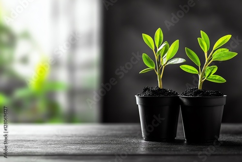 Young plants growing in black pots indoors.