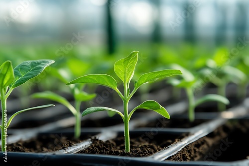 Young seedlings growing in greenhouse trays.