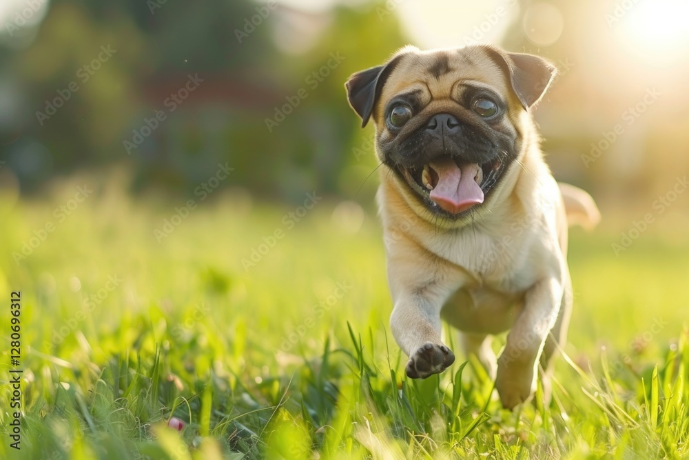 Happy pug dog running on a green meadow grass park Happy pug dog running on a green meadow grass park