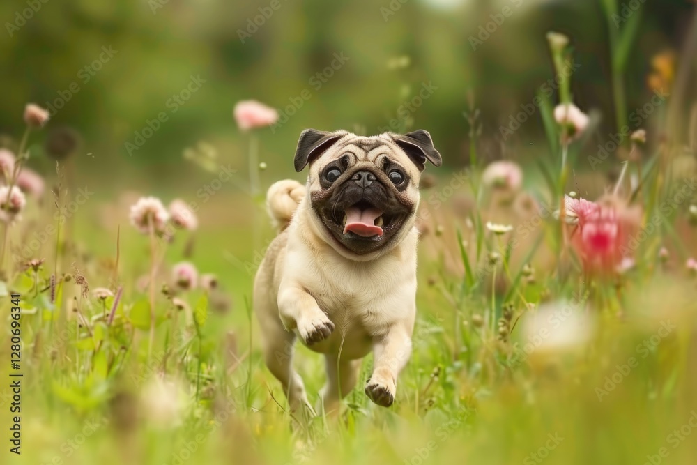 Obraz premium Happy pug dog running on a green meadow grass park