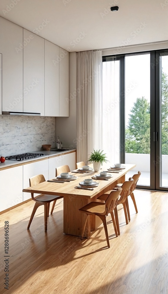 Fototapeta premium A modern kitchen and dining area with wooden furniture and white walls.