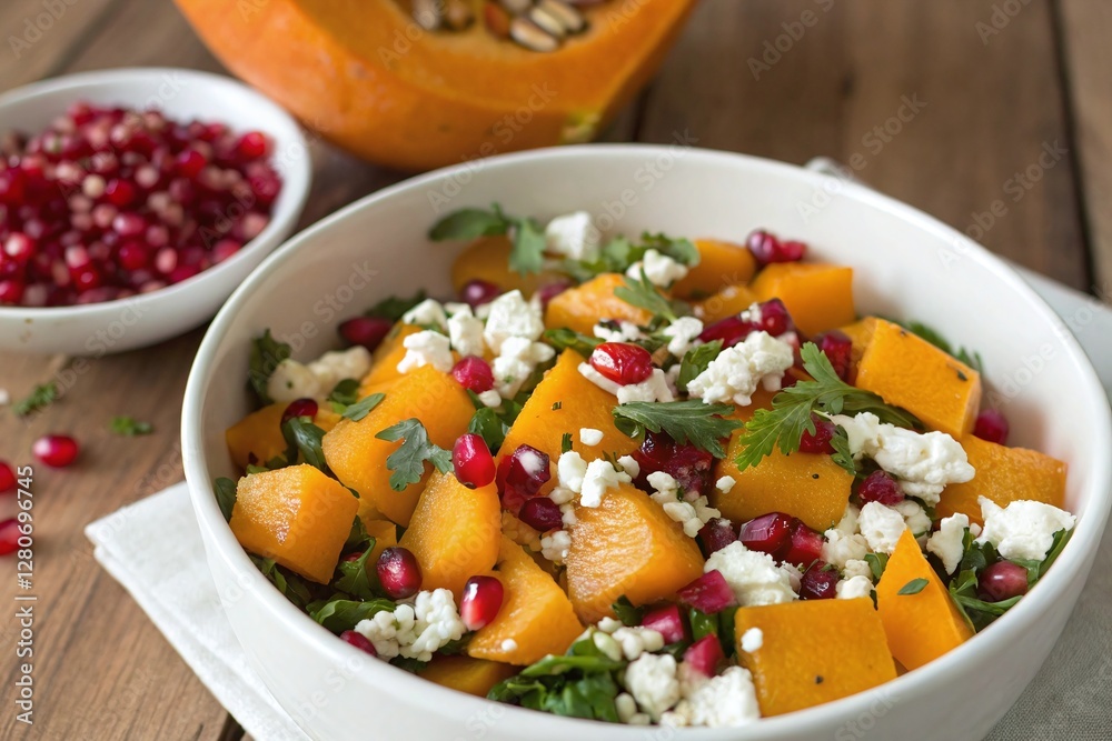 Fresh Pumpkin Salad with Pomegranate Seeds Feta Cheese Parsley in White Bowl on Wooden Table
