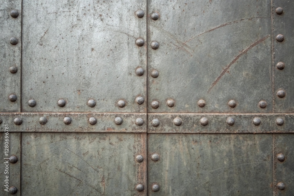 Closeup of Weathered Metal Panels with Rivets and Scratches Industrial Texture Background Closeup of Weathered Metal Panels with Rivets and Scratches Industrial Texture Background