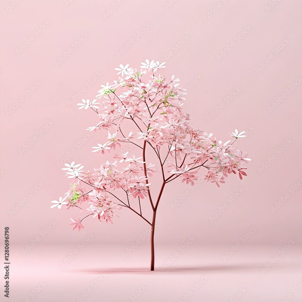 Minimalistic Pink Ornamental Flowering Tree with Delicate Blossoms on Soft Pastel Background for Design Use