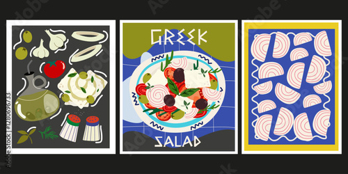 Greek Traditional food poster set . Greek salad abstract retro poster. Greek traditional elements, food and dishes. Vector illustration for a wall art, wallpaper, banner, print