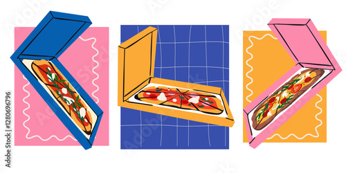 Delicious Italian fast food. Slice of pizza and pizza box. Pizza delivery banner. Pizza with arugula, tomatoes and mozzarella. Abstract cartoon retro poster set for print, wall  art