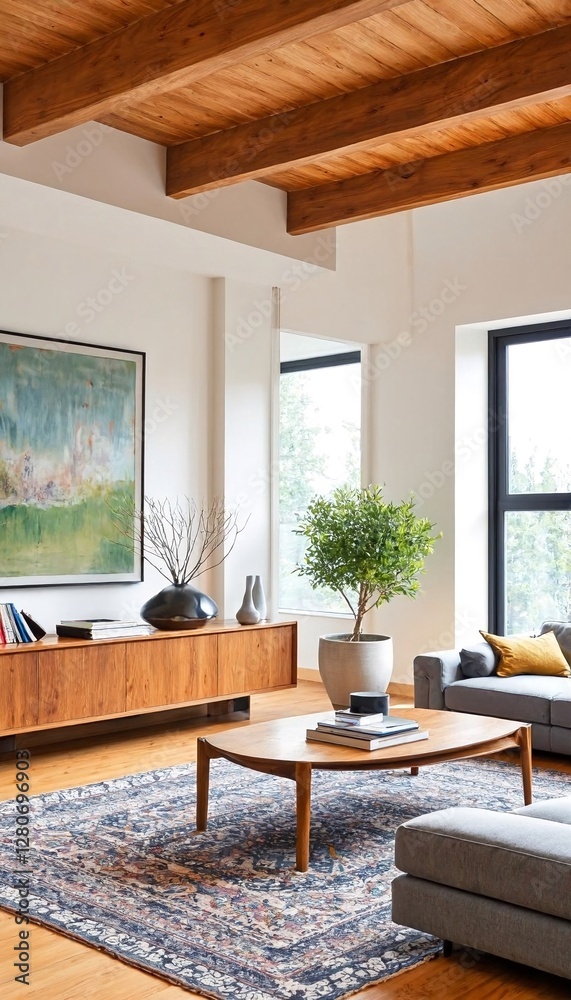 Fototapeta premium A modern living room with white walls and wooden beams on the ceiling.