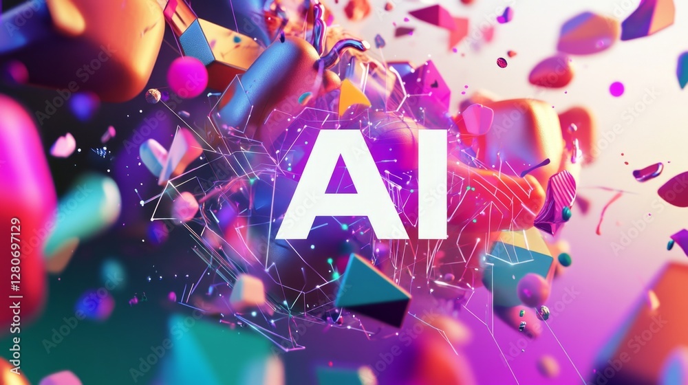 Vibrant abstract representation of artificial intelligence with geometric shapes and colorful particles in a digital setting Vibrant abstract representation of artificial intelligence with geometric shapes and colorful particles in a digital setting