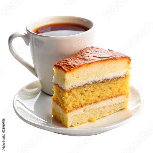 Piece of sponge cake with cup of coffee isolated on transparent background  photo