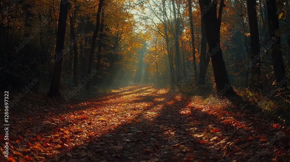 Obraz premium Sunlight filters through autumn trees creating a golden pathway lined with fallen leaves in a tranquil forest during early evening hours