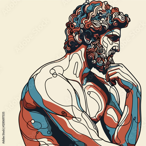 Classical Statue Contemplation: A stylized artistic representation of a classical statue, showcasing intricate linework, bold colors, and a thoughtful pose.
