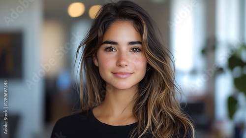 Wallpaper Mural Smiling woman indoors, modern home background, portrait Torontodigital.ca