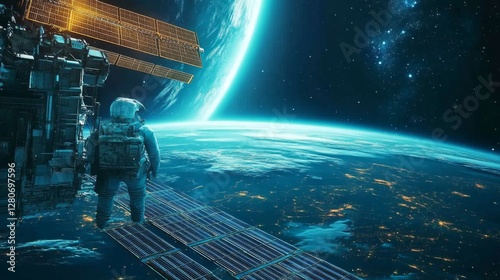 Fototapeta Naklejka Na Ścianę i Meble -  Astronaut on space station orbiting Earth