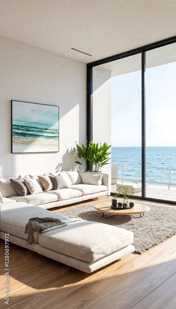 Fototapeta premium A modern living room with ocean views.