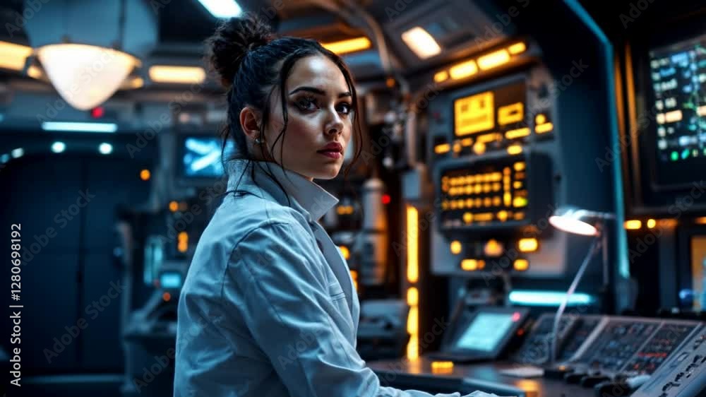 A woman in a white lab coat is seated in a futuristic control room with complex monitors. She is looking to the side, possibly monitoring data or observing something beyond the frame. A woman in a white lab coat is seated in a futuristic control room with complex monitors. She is looking to the side, possibly monitoring data or observing something beyond the frame.