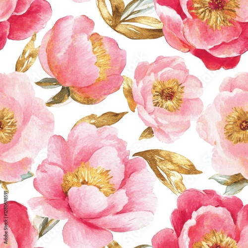 Vibrant floral pattern featuring pink peonies and gold leaves on a white background