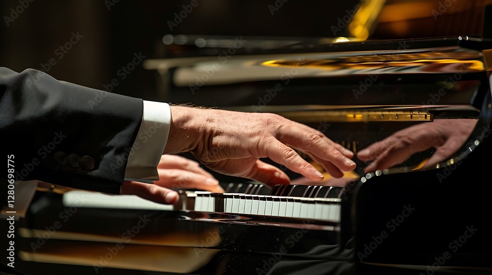 Man Playing Piano with Hands on Keys in Concert Man Playing Piano with Hands on Keys in Concert