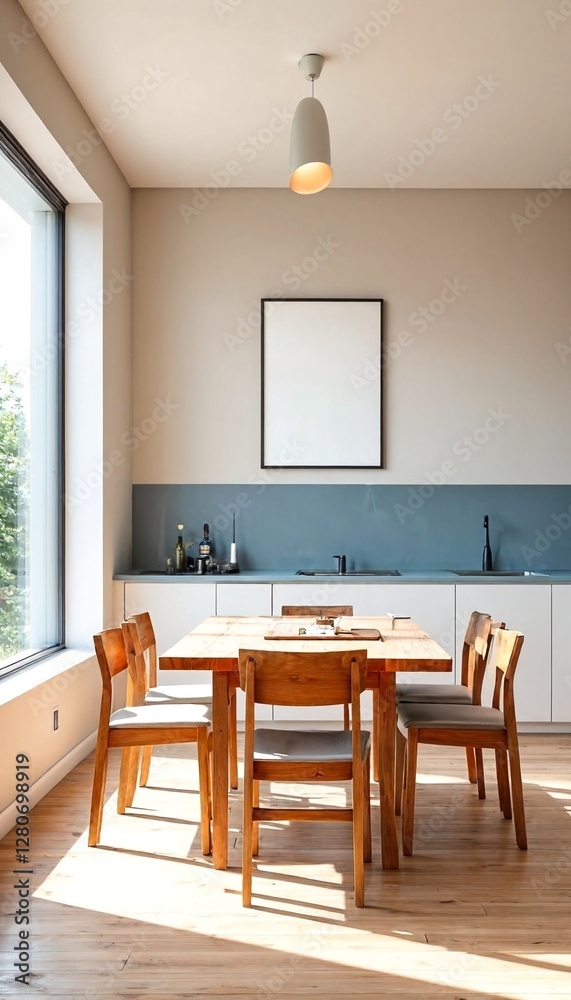 Fototapeta premium A modern kitchen with a wooden dining table and chairs.