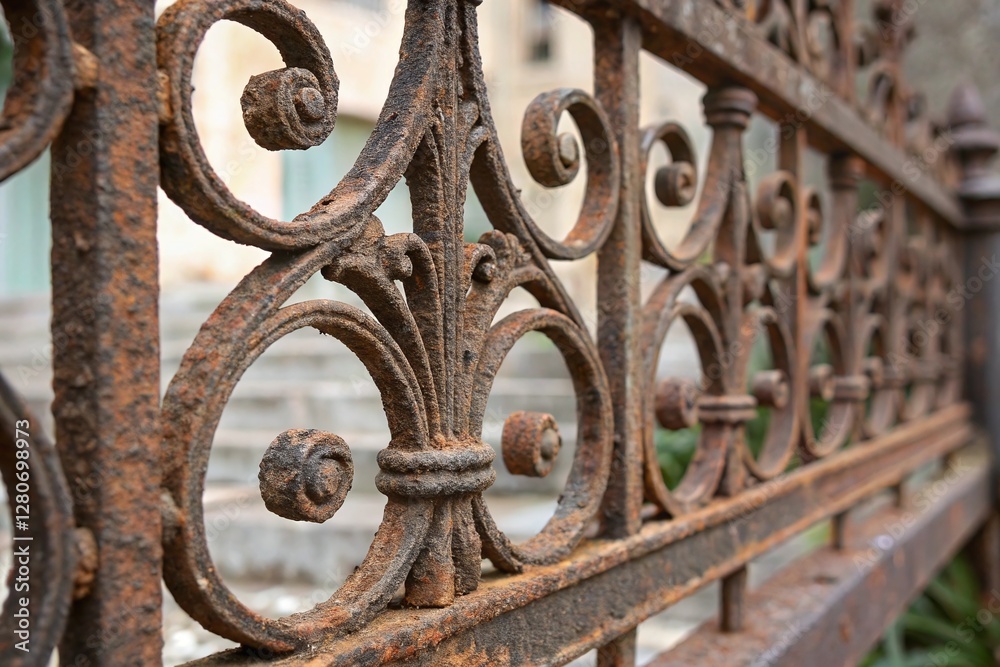 Closeup of Rusted Decorative Iron Fence with Intricate Patterns and Weathered Metal in Outdoor Setting Closeup of Rusted Decorative Iron Fence with Intricate Patterns and Weathered Metal in Outdoor Setting