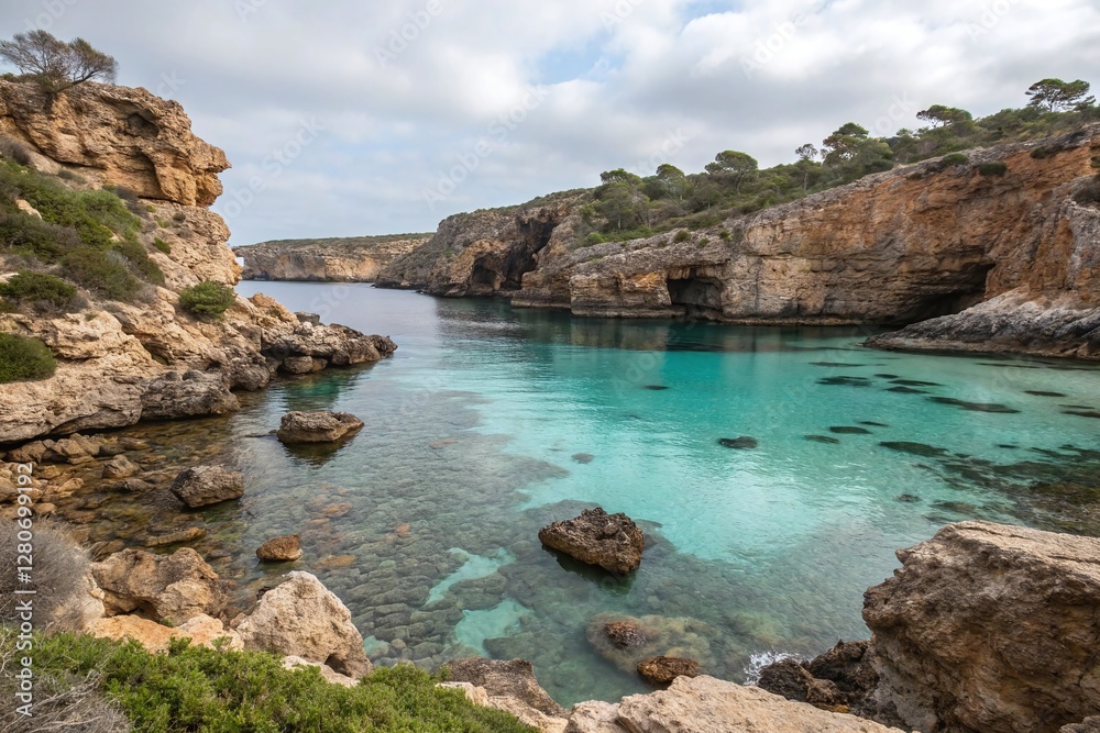 Scenic Coastal Rocky Cove with Turquoise Clear Water and Lush Vegetation Under Cloudy Sky Scenic Coastal Rocky Cove with Turquoise Clear Water and Lush Vegetation Under Cloudy Sky