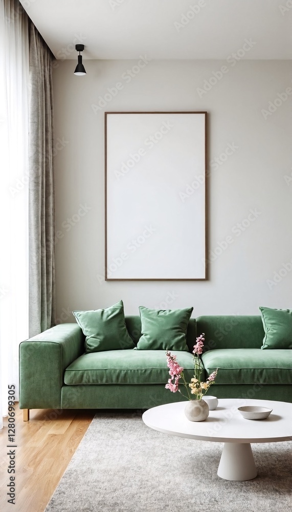 Fototapeta premium Minimalist interior design featuring a green sofa and blank white frame on a plain background.