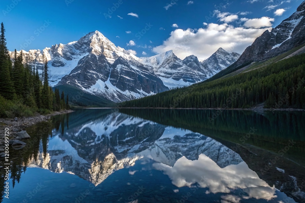 Fototapeta premium Snow Capped Mountain Peaks Reflecting in Crystal Clear Lake with Forest and Blue Sky in Background
