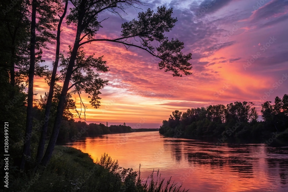 Obraz premium Serene River Landscape Reflecting Vibrant Sunset Sky with Silhouetted Trees in Forest Setting