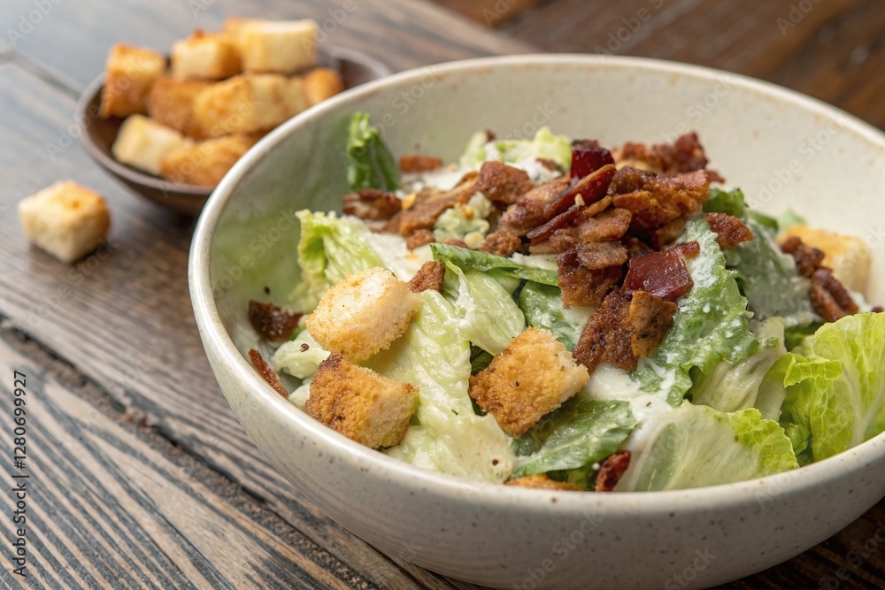 Fresh Caesar Salad with Crisp Lettuce Croutons Bacon and Creamy Dressing on Wooden Table Fresh Caesar Salad with Crisp Lettuce Croutons Bacon and Creamy Dressing on Wooden Table