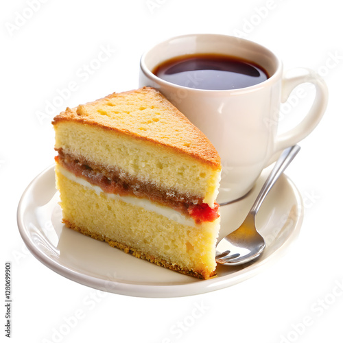 Piece of sponge cake with cup of coffee isolated on transparent background 