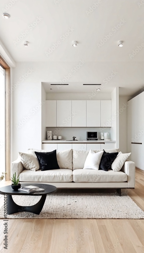 Fototapeta premium A modern living room with a minimalist aesthetic featuring white walls and furniture.