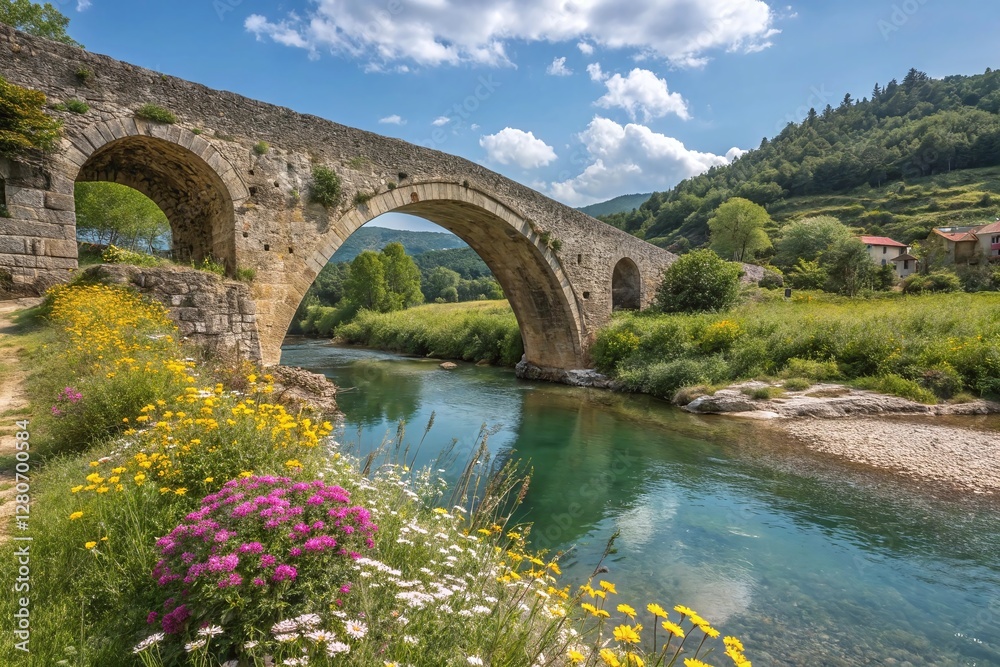 Ancient Stone Bridge Over Clear River with Wildflowers and Green Hills Under Blue Sky with Clouds Ancient Stone Bridge Over Clear River with Wildflowers and Green Hills Under Blue Sky with Clouds