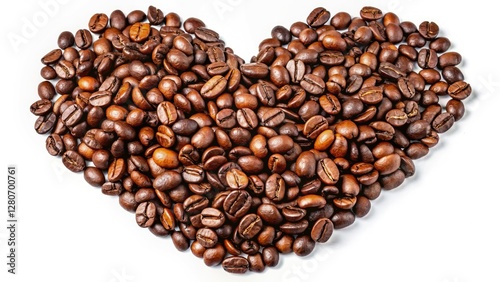 Urban exploration finds:  Heart-shaped coffee beans, macro photography, shallow focus, white background.