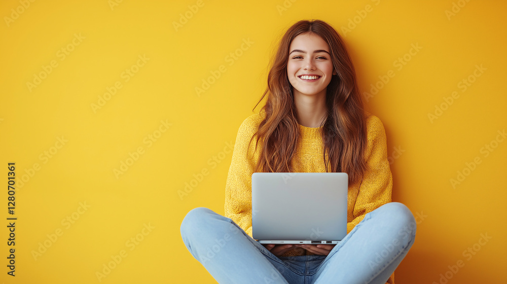 Naklejka premium Happy Young Woman Working on Laptop
