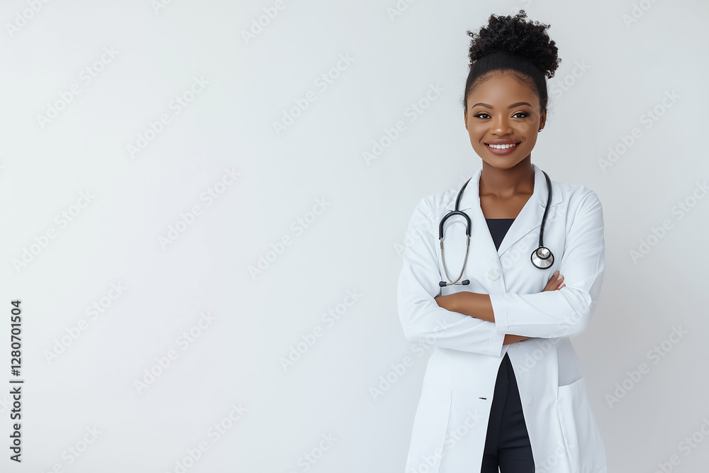 A confident African American young doctor in a white coat with a stethoscope, smiling and standing against a soft light background A confident African American young doctor in a white coat with a stethoscope, smiling and standing against a soft light background