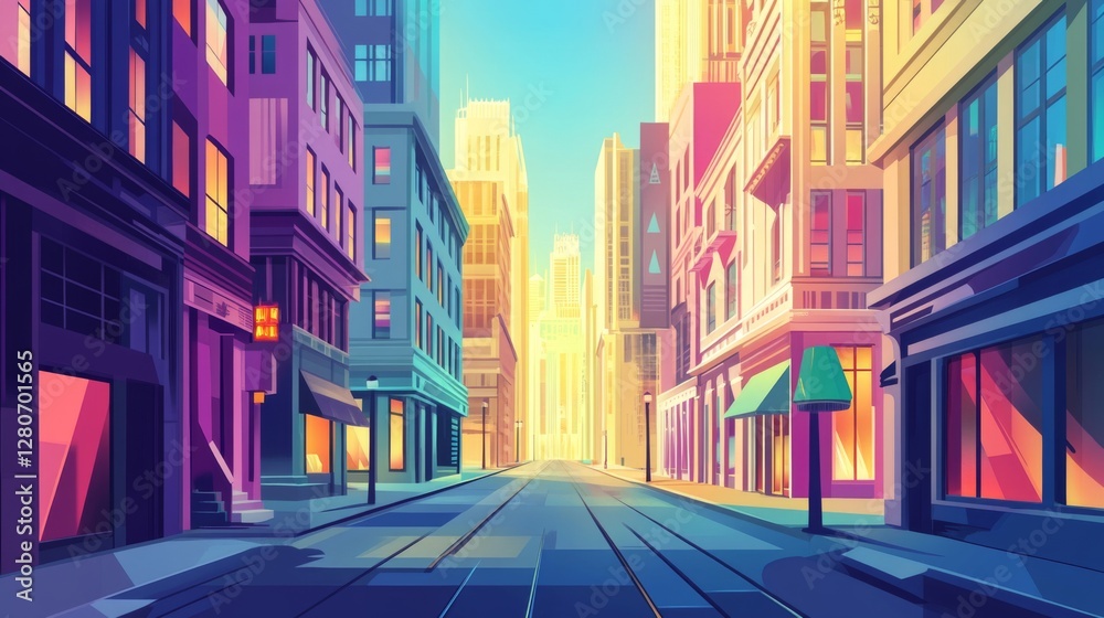 Obraz premium Colorful cartoon city street scene, bright sunny day, urban setting, for digital art background