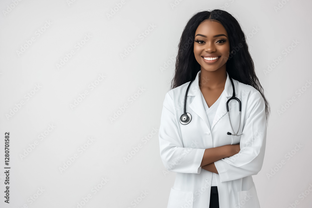 A confident African American young doctor in a white coat with a stethoscope, smiling and standing against a soft light background A confident African American young doctor in a white coat with a stethoscope, smiling and standing against a soft light background