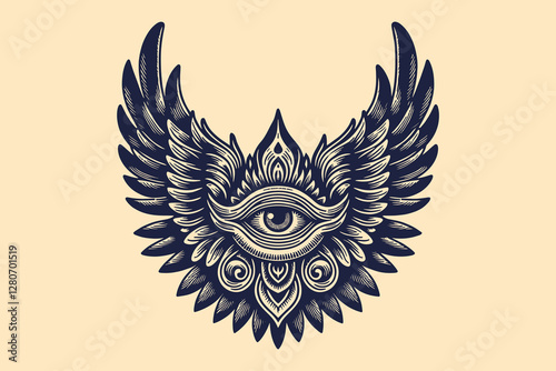 Vintage engraving of an all-seeing eye with feathered wings