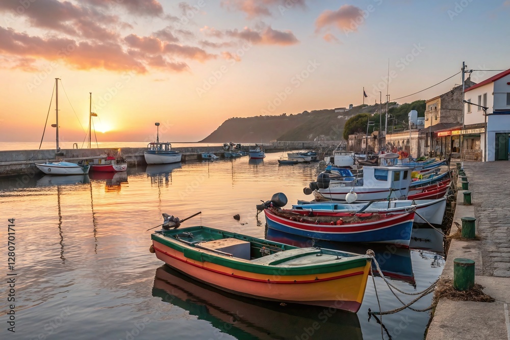 Fototapeta premium Scenic Harbor View with Vibrant Fishing Boats Reflecting on Calm Water During Sunrise in Coastal Village