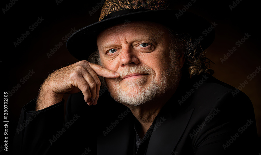 Captivating Portrait of a Thoughtful Gentleman with a Hat, Capturing the Essence of Expression and Character in Dramatic Lighting. Captivating Portrait of a Thoughtful Gentleman with a Hat, Capturing the Essence of Expression and Character in Dramatic Lighting.