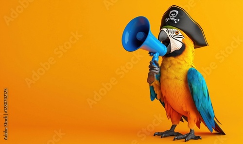 Colorful pirate parrot with megaphone on bright orange background