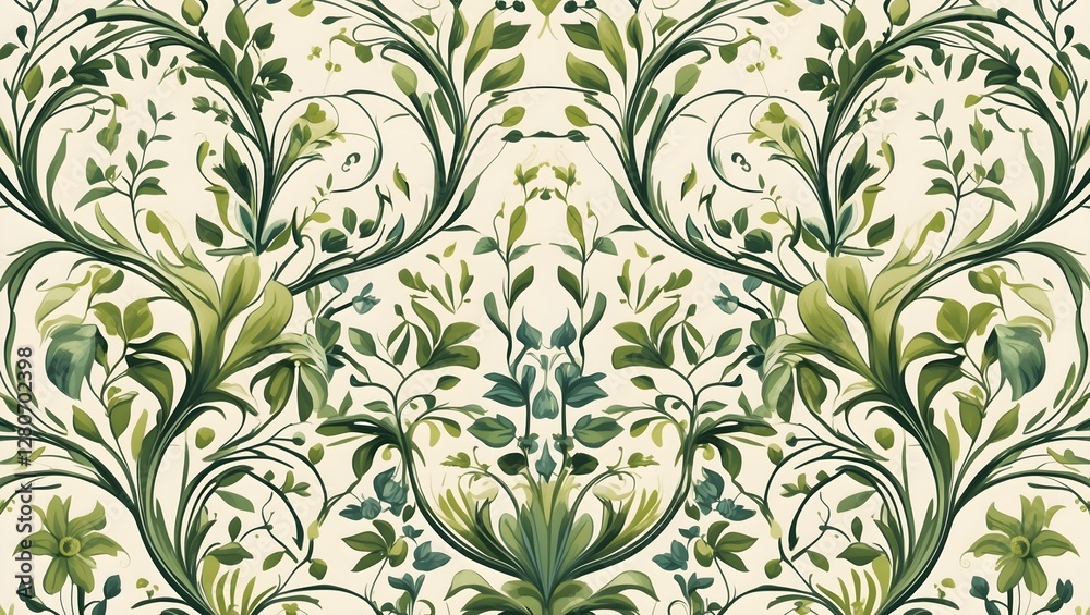 Detailed Botanical Design with Green Leaves and Cream Background, Elegant Seamless Vector Pattern on Light Backdrop for Classic Wallpaper and Natural Home Interior Trims Detailed Botanical Design with Green Leaves and Cream Background, Elegant Seamless Vector Pattern on Light Backdrop for Classic Wallpaper and Natural Home Interior Trims