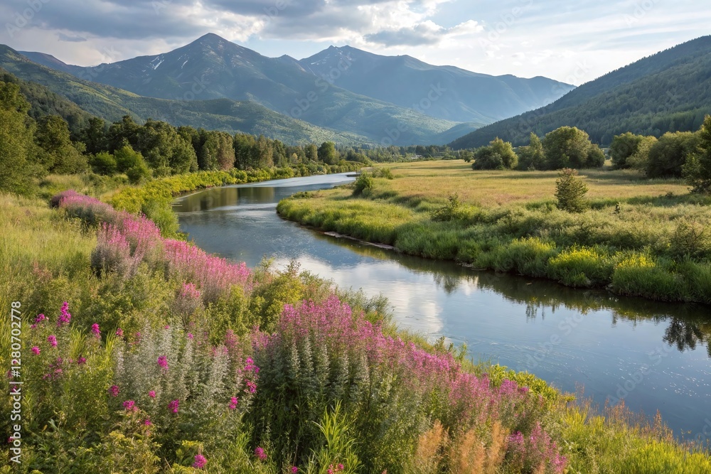 Fototapeta premium Serene River in Lush Valley with Wildflowers and Majestic Mountain Range Under Partly Cloudy Sky