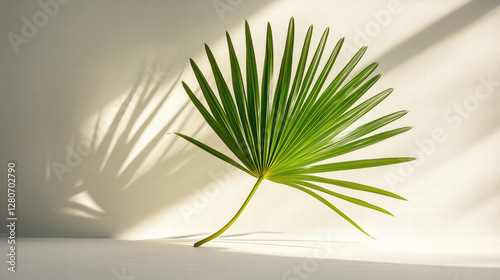 single saw palmetto frond with its delicate fan shape casts beautiful shadows. vibrant green leaves create serene and calming atmosphere