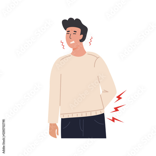 Young man suffering from lower back pain, holding his waist with a pained expression. Medical concept of spinal problems, muscle strain, or kidney pain. Flat Style Vector Illustration.