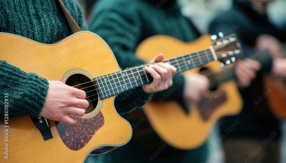 Obraz premium Celebrating St. Patrick's Day. Musicians playing acoustic guitars outdoors in a relaxed setting.