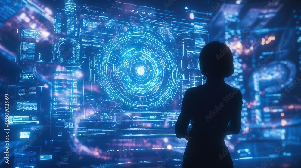 futuristic holographic telecommunications hub. futuristic holographic telecommunications hub.
