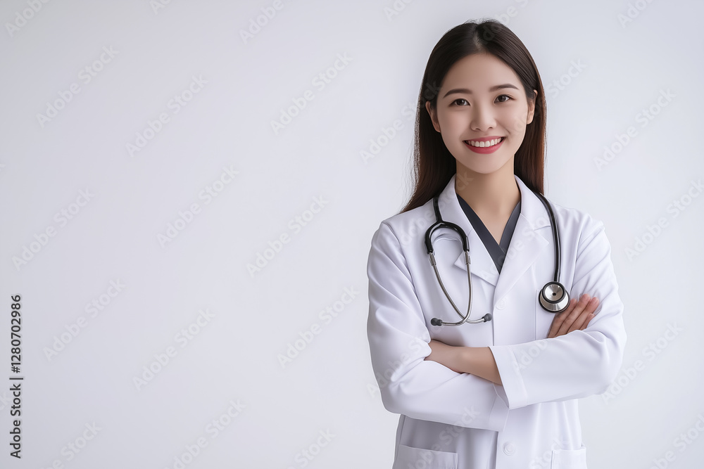 A confident asian young doctor in a white coat with a stethoscope, smiling and standing against a soft light background A confident asian young doctor in a white coat with a stethoscope, smiling and standing against a soft light background